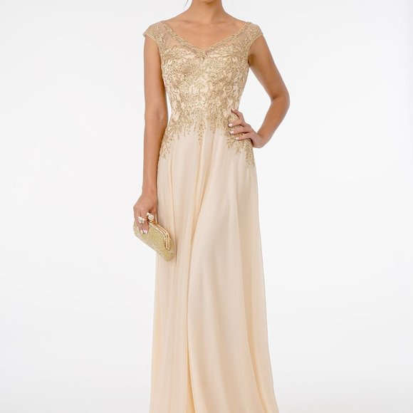 CHAMPAGNE Mother of Bride Embroidered Bodice V-Neck Long Dress w/ V-Back GL1826 - Picture 2 of 7